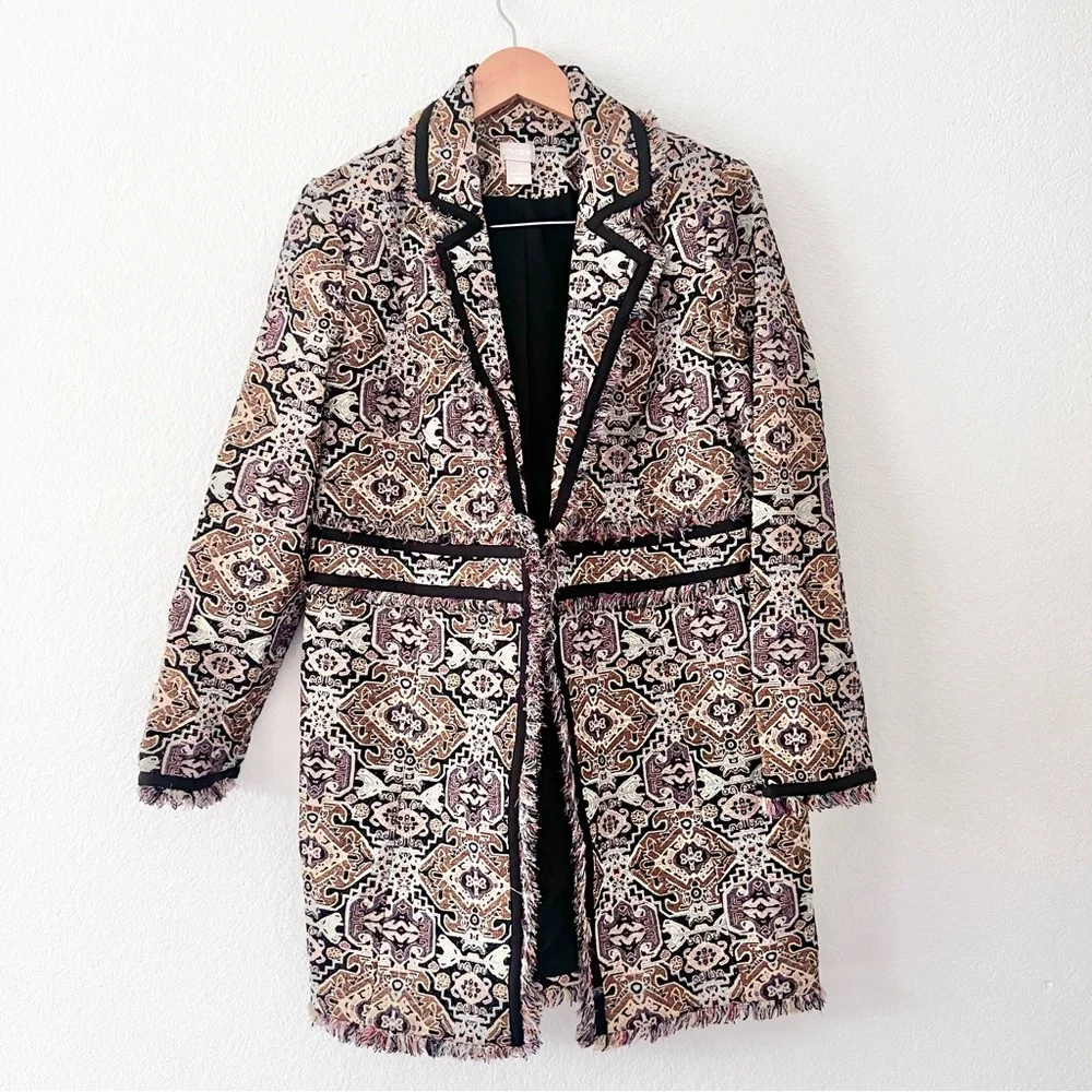 Chico’s Metallic Boho Long Length Jacquard Fringe Jacket Sz 1 (8-10)